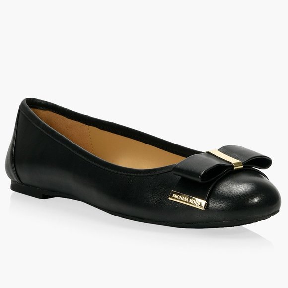 Black Leather Ballerina Flat Shoes Michael Kors Kiera Ballet - Picture 1 of 7